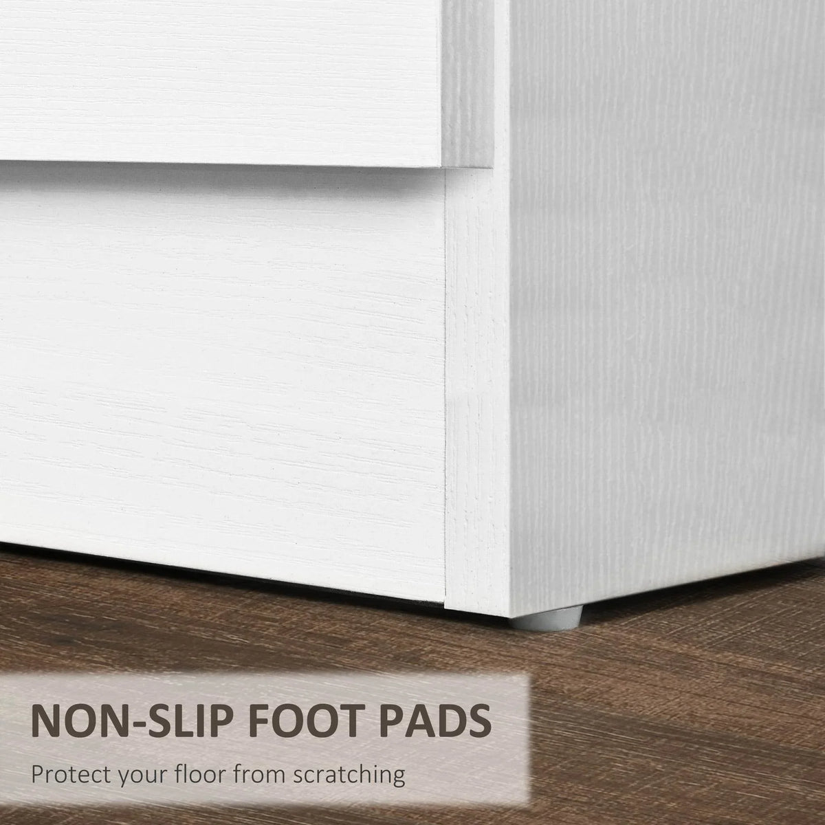 White nightstand base with non-slip foot pads and textured drawer frame