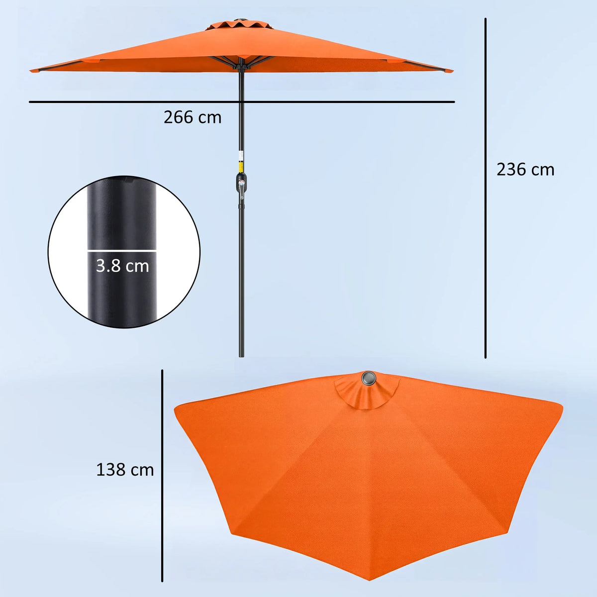 Orange half-round parasol umbrella diagram with black pole and canopy size markers