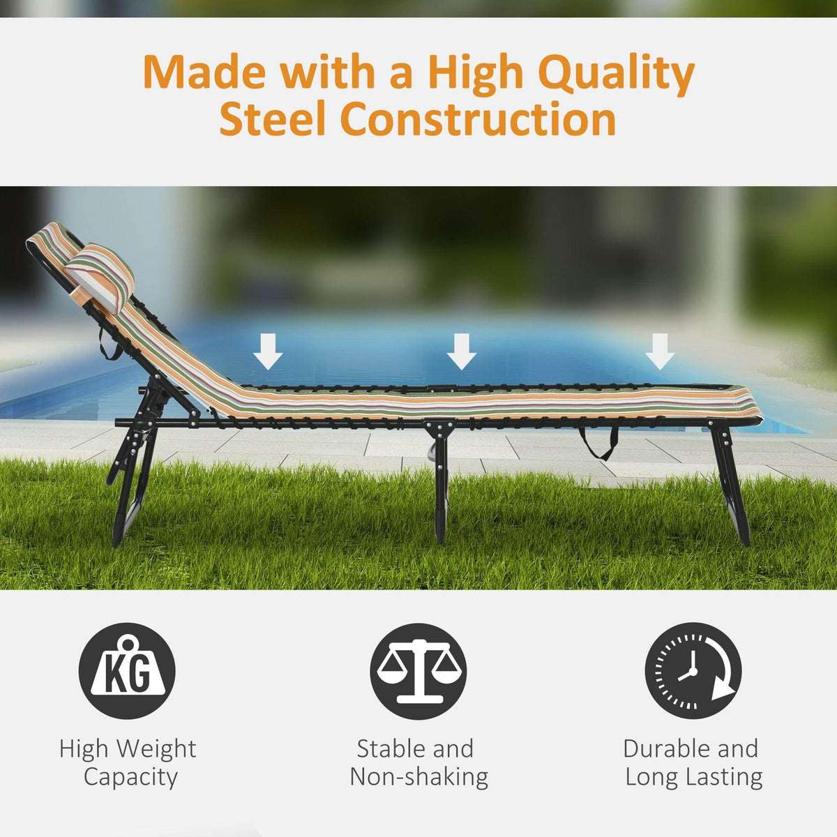Adjustable chaise lounge with multicolor striped fabric, black steel frame
