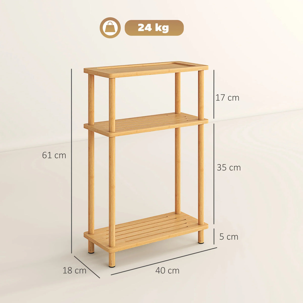 Natural bamboo 3-tier side table with open shelves and size measurements