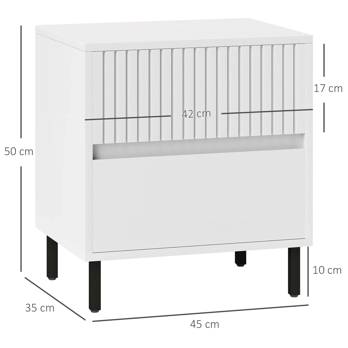 White two-drawer bedside table with slatted drawer front and black legs, size shown