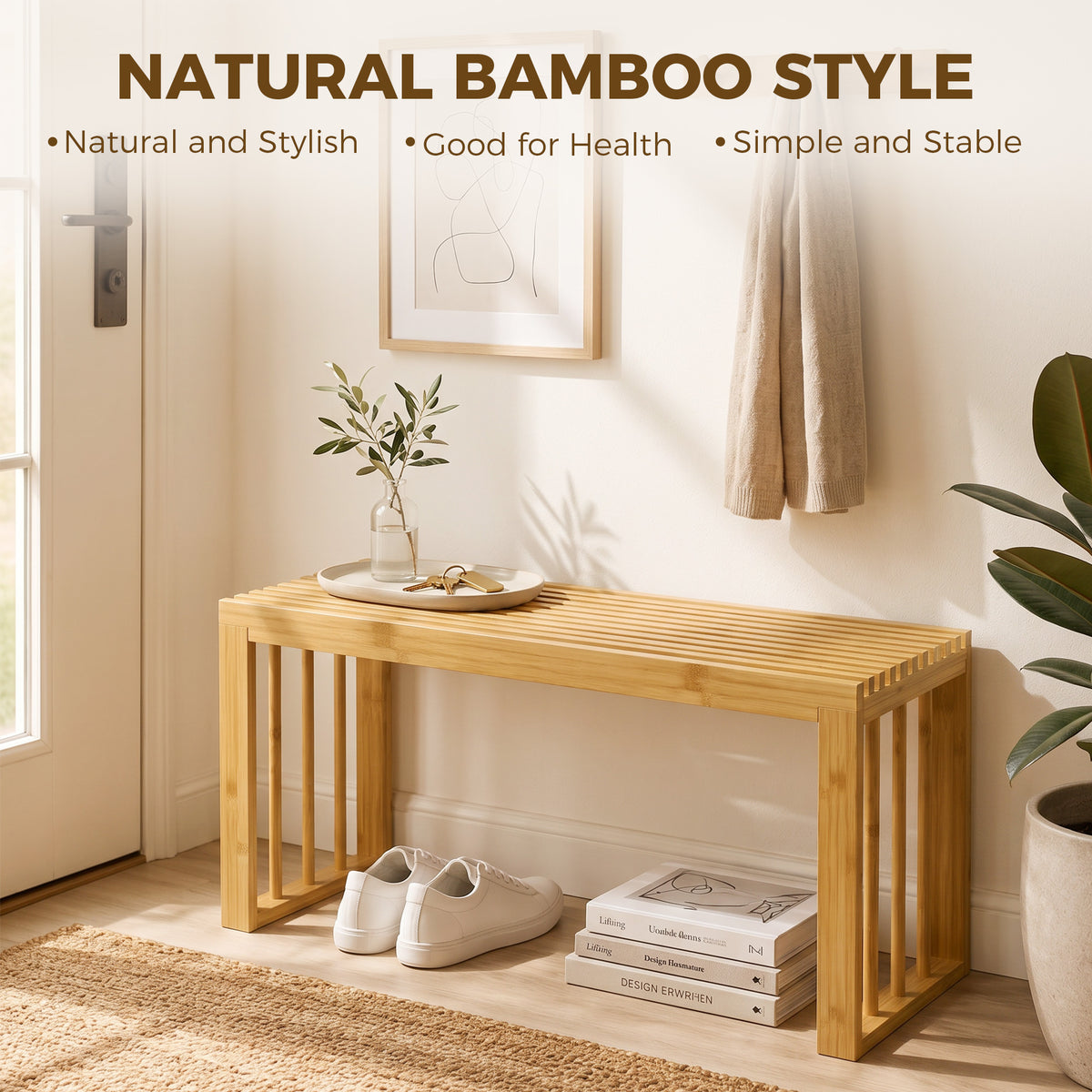 Natural bamboo shoe bench with open shelf and slatted seat, with shoes and books shown