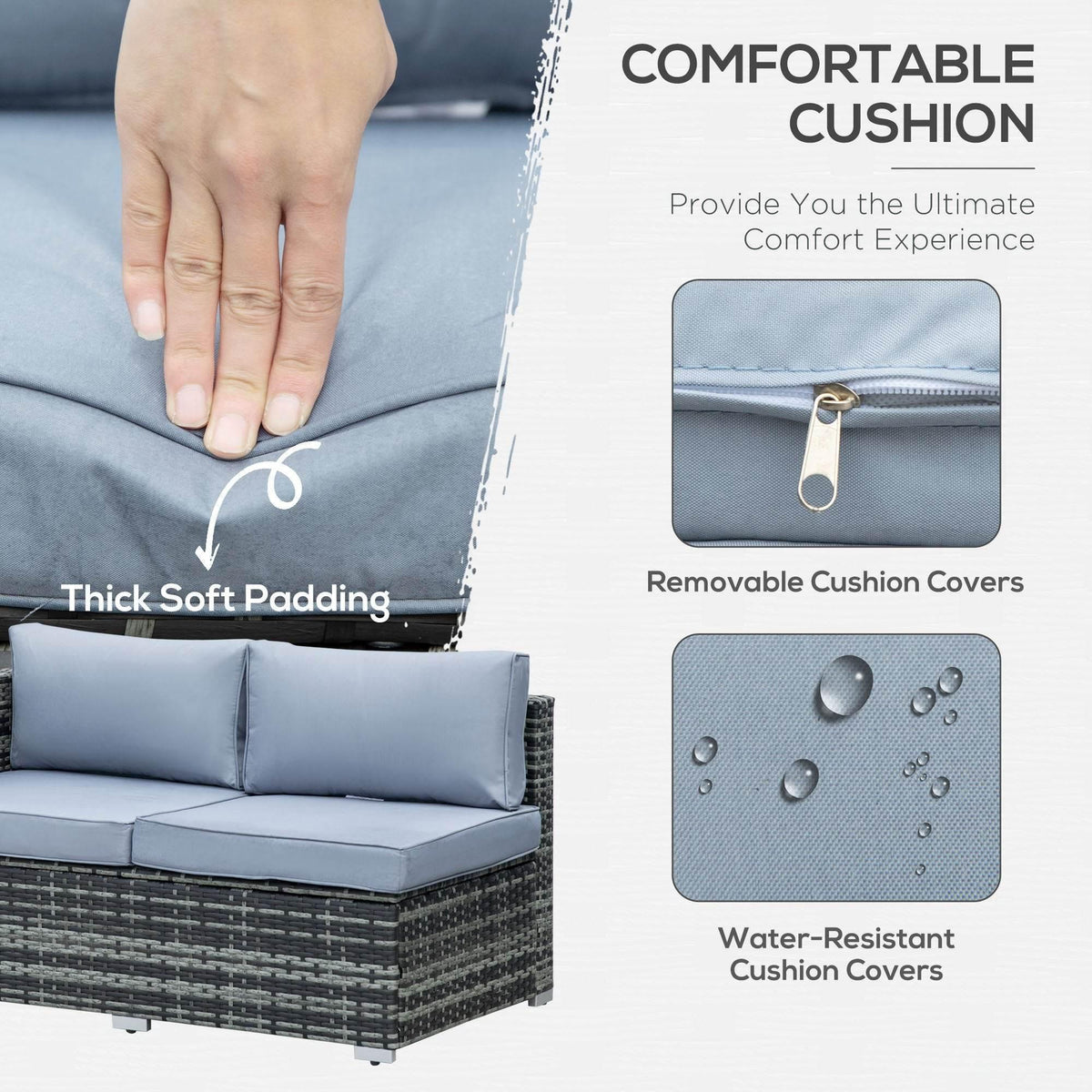 Light-blue outdoor cushion with zipper and water-resistant fabric on grey rattan sofa