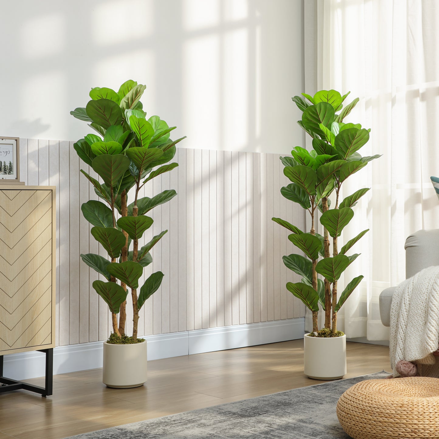 HOMCOM 120cm Set of 2 Artificial Fiddle Leaf Fig Trees Green Realistic Indoor Plant Decor
