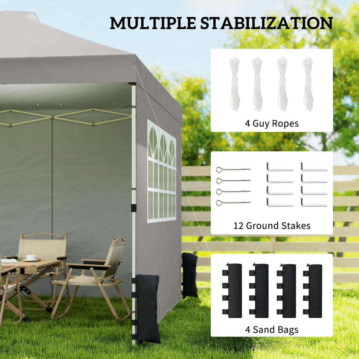 Grey pop-up gazebo corner with side panel; includes guy ropes, ground stakes, sand bags