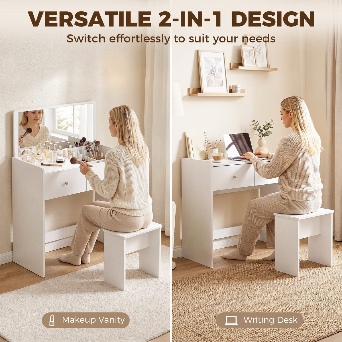 White vanity desk with mirror and matching stool with multi-drawer storage