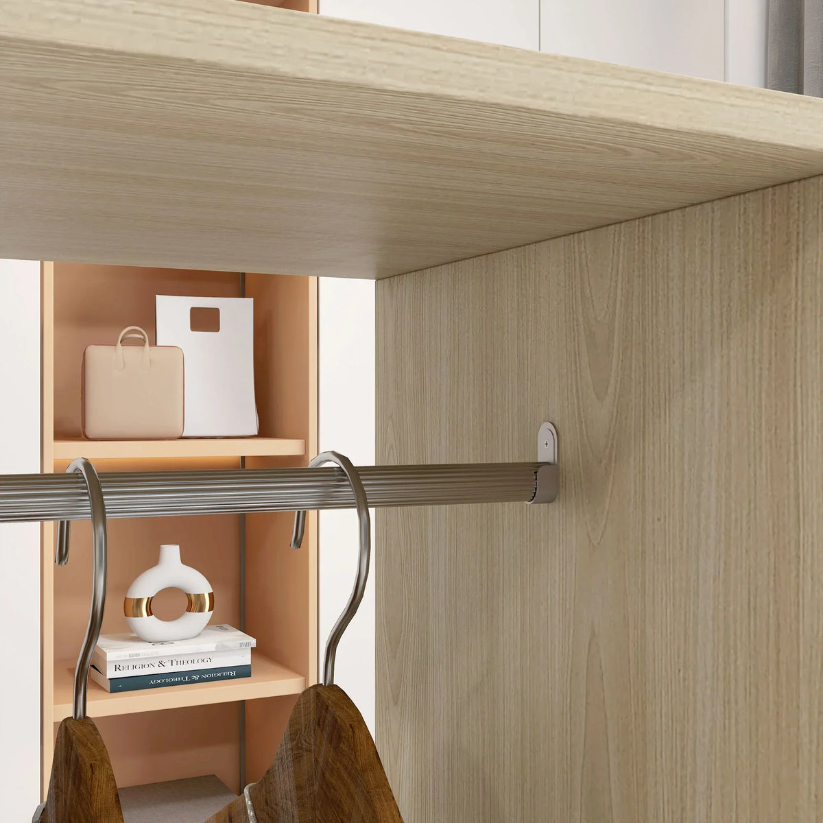 Open wardrobe hanging rail system with hooks and shelves, natural finish