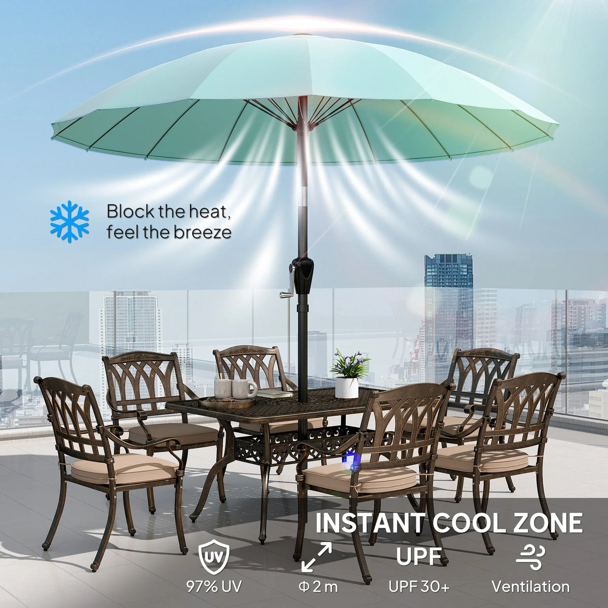 Turquoise patio parasol umbrella with vented canopy design over outdoor dining set