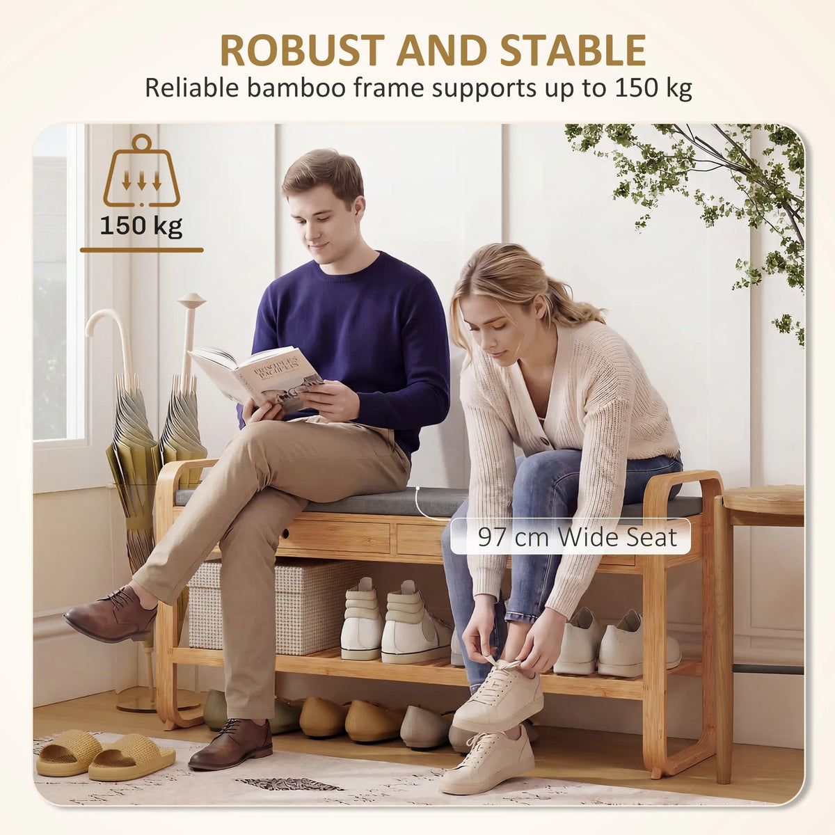 Bamboo shoe bench with wide cushioned seat and side handles for stable shoe storage