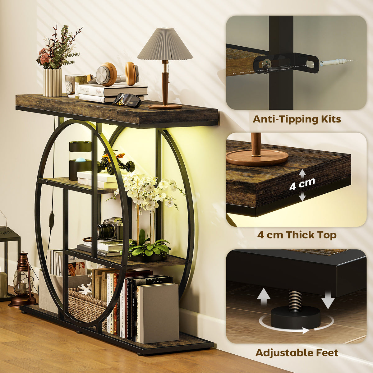 Industrial console table with circular metal base, dark wood top, open shelves, LED glow.