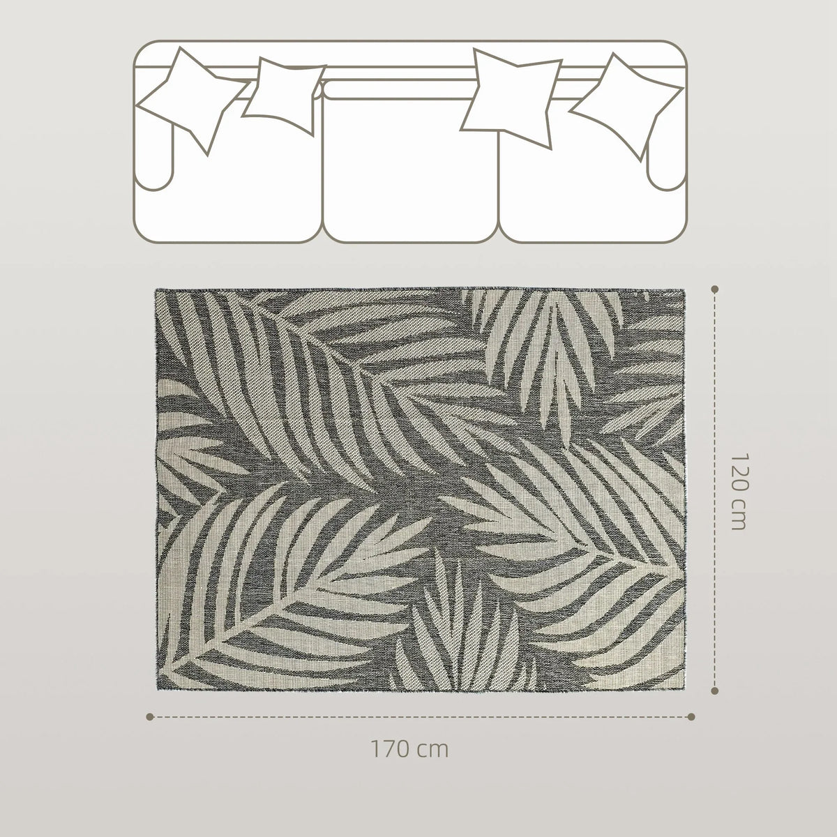 Grey woven area rug with large leaf pattern, 170 x 120 cm rectangular