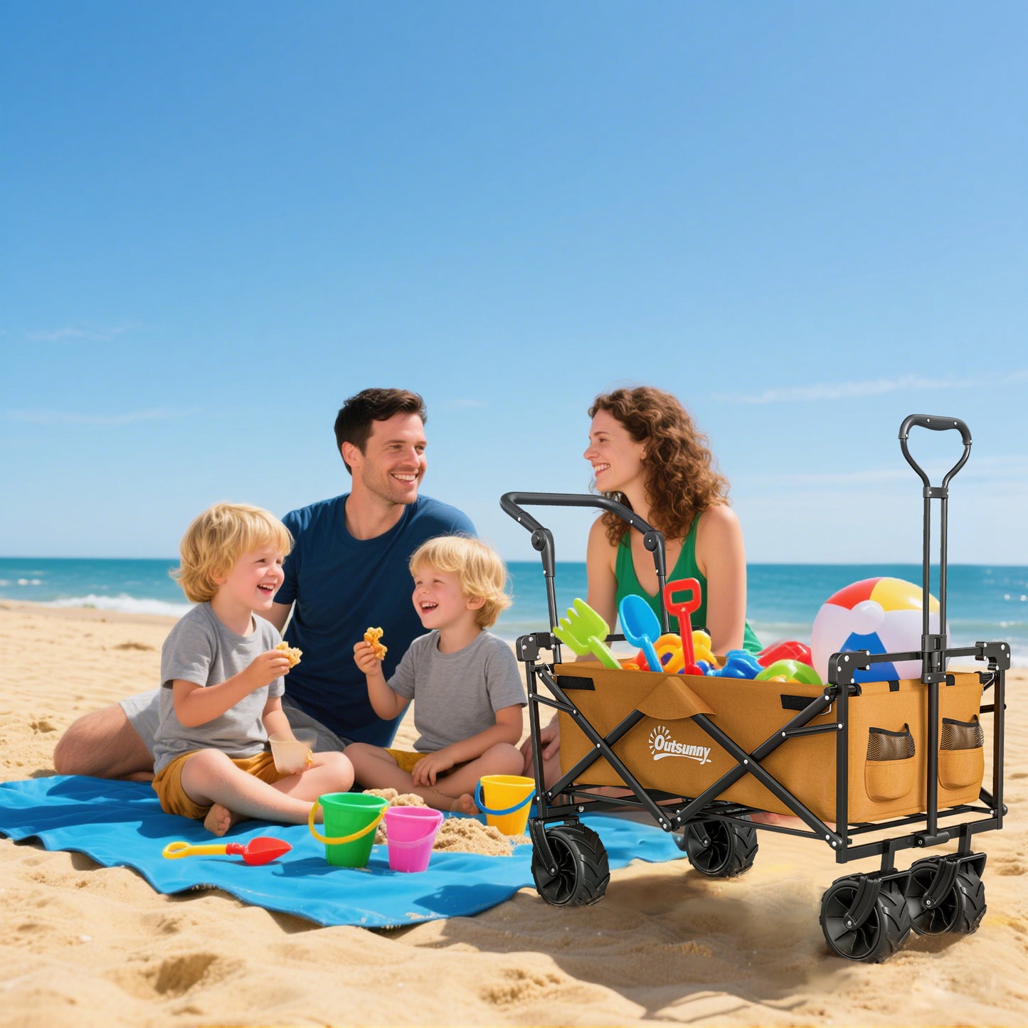 Outsunny 120L Folding Camping Trolley Cart With Removable Canopy Terrain Wheels Adjustable Handle Push Or Pull Orange