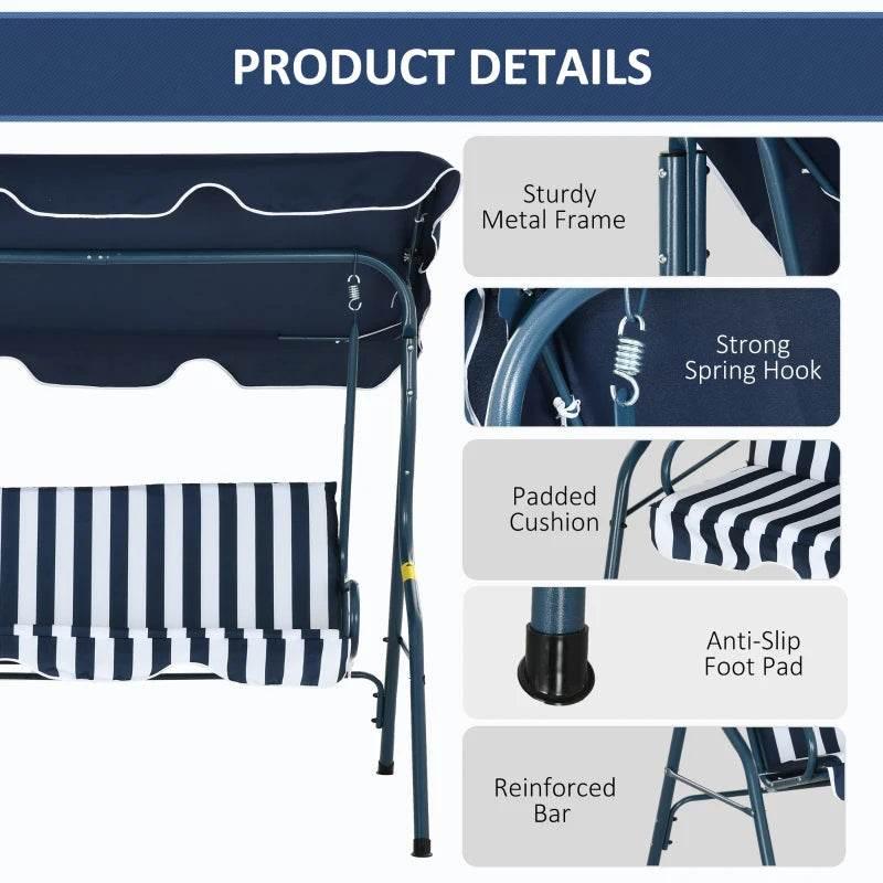 Outdoor swing bench with navy canopy, striped padded cushion, spring hooks, anti-slip feet