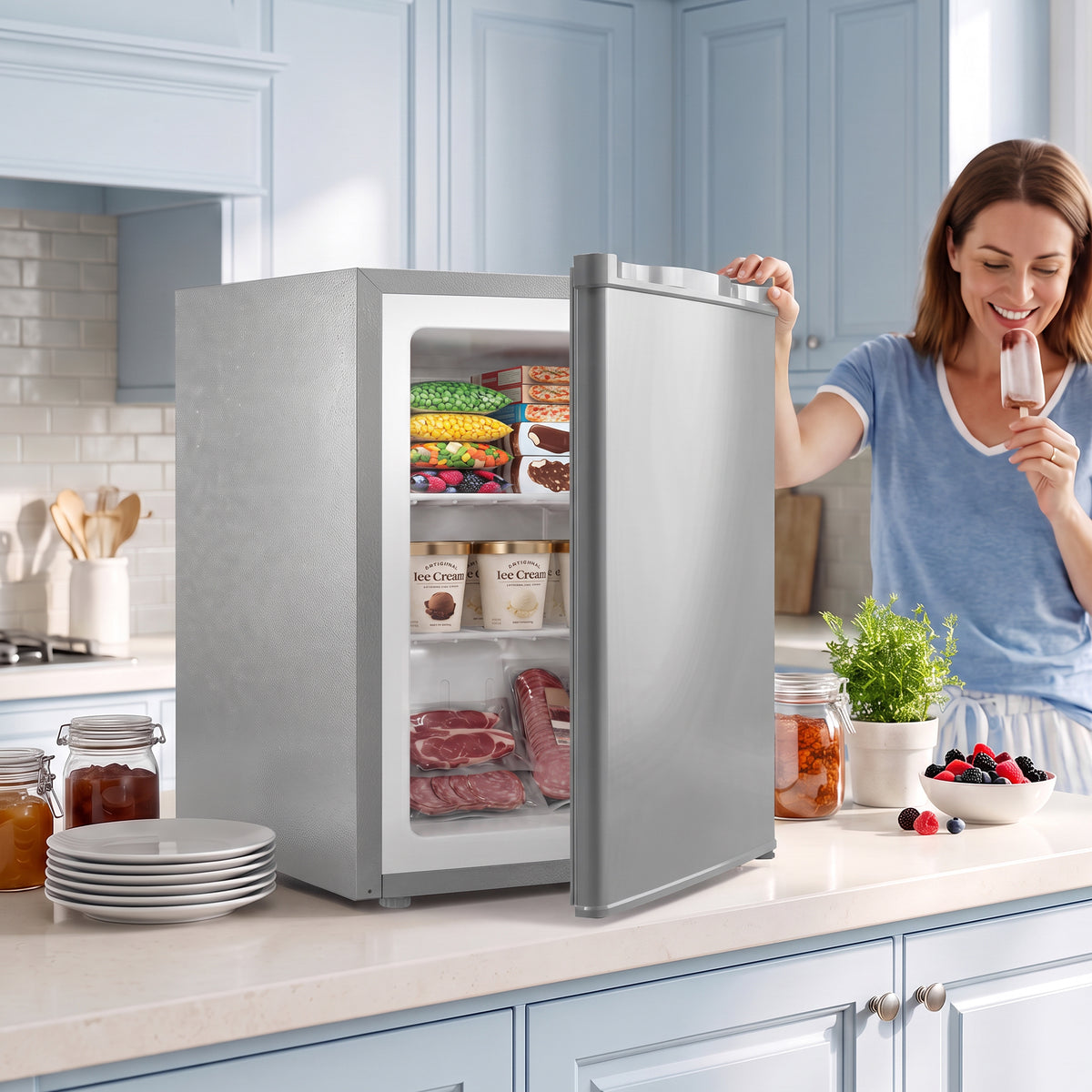 Grey tabletop mini freezer with door open on kitchen counter, stocked shelves