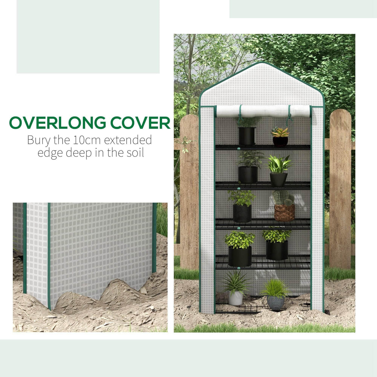 Portable mini greenhouse with white PE cover, green trim, 5 wire shelves in garden