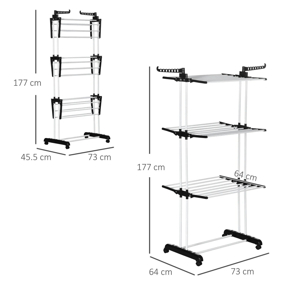 Foldable 4-tier laundry drying rack with wheels, side view and measurement diagram