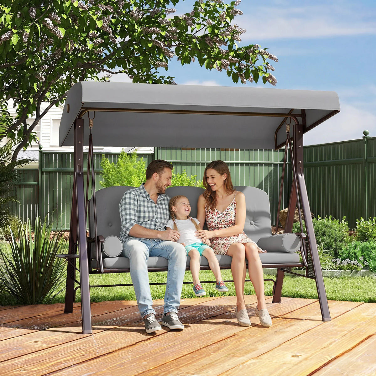 Three-seater canopy swing chair with light gray cushions and dark steel frame, outdoor use