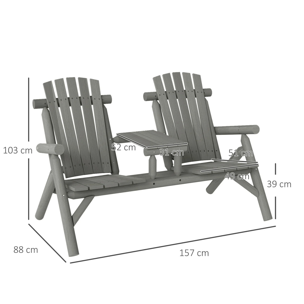 Grey patio bench for two with center table, slatted back and side armrests