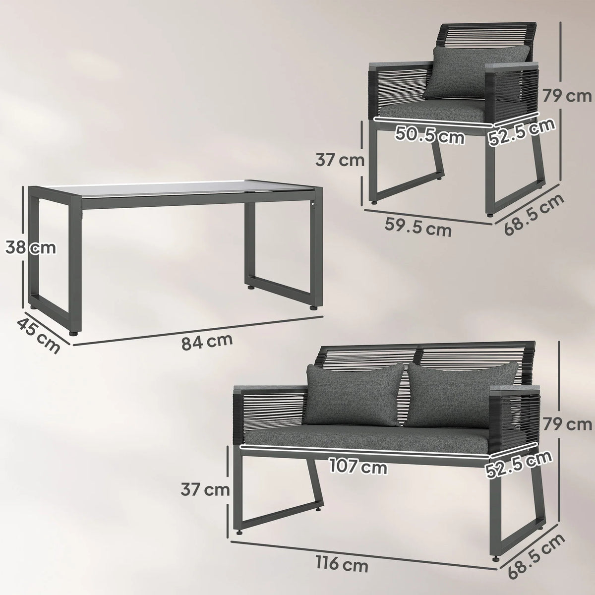 Charcoal grey coffee table and loveseat with matching armchairs shown with size measurements