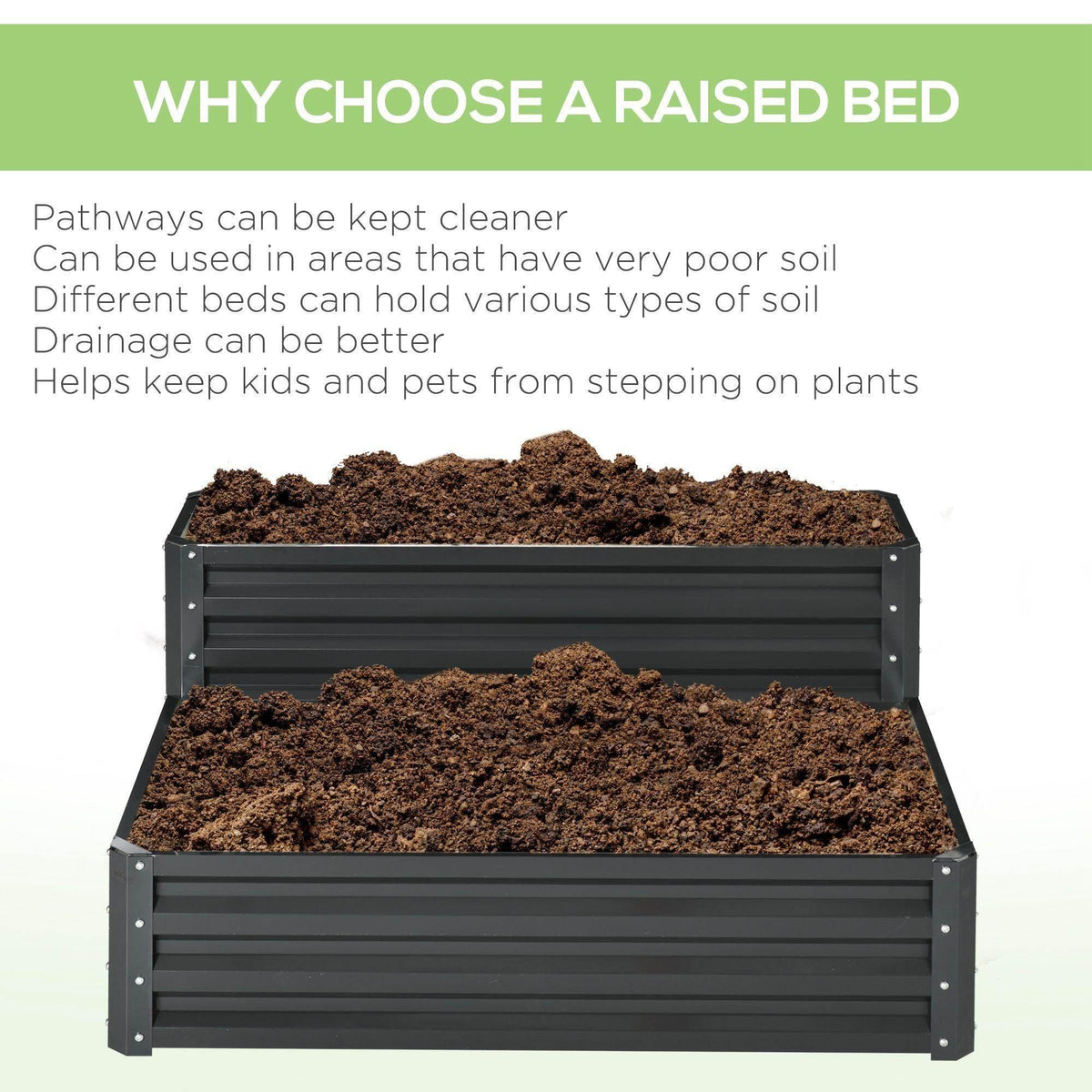 Dark gray raised garden bed planter box with soil-filled top tier and slatted sides