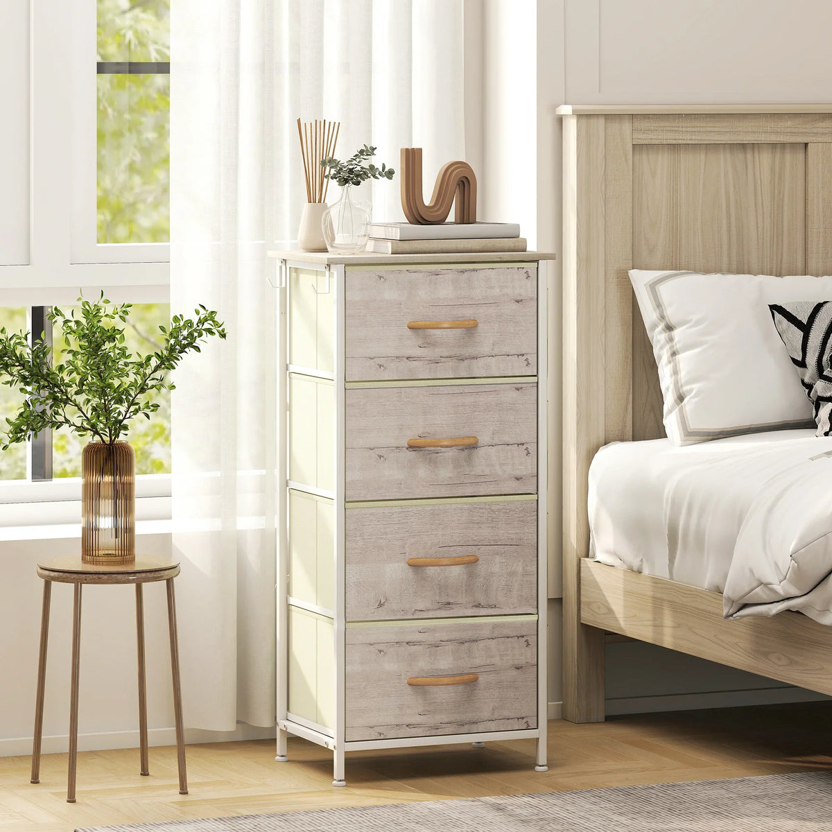 Four-drawer fabric storage chest with wood-grain front panels and brass-tone drawer pulls