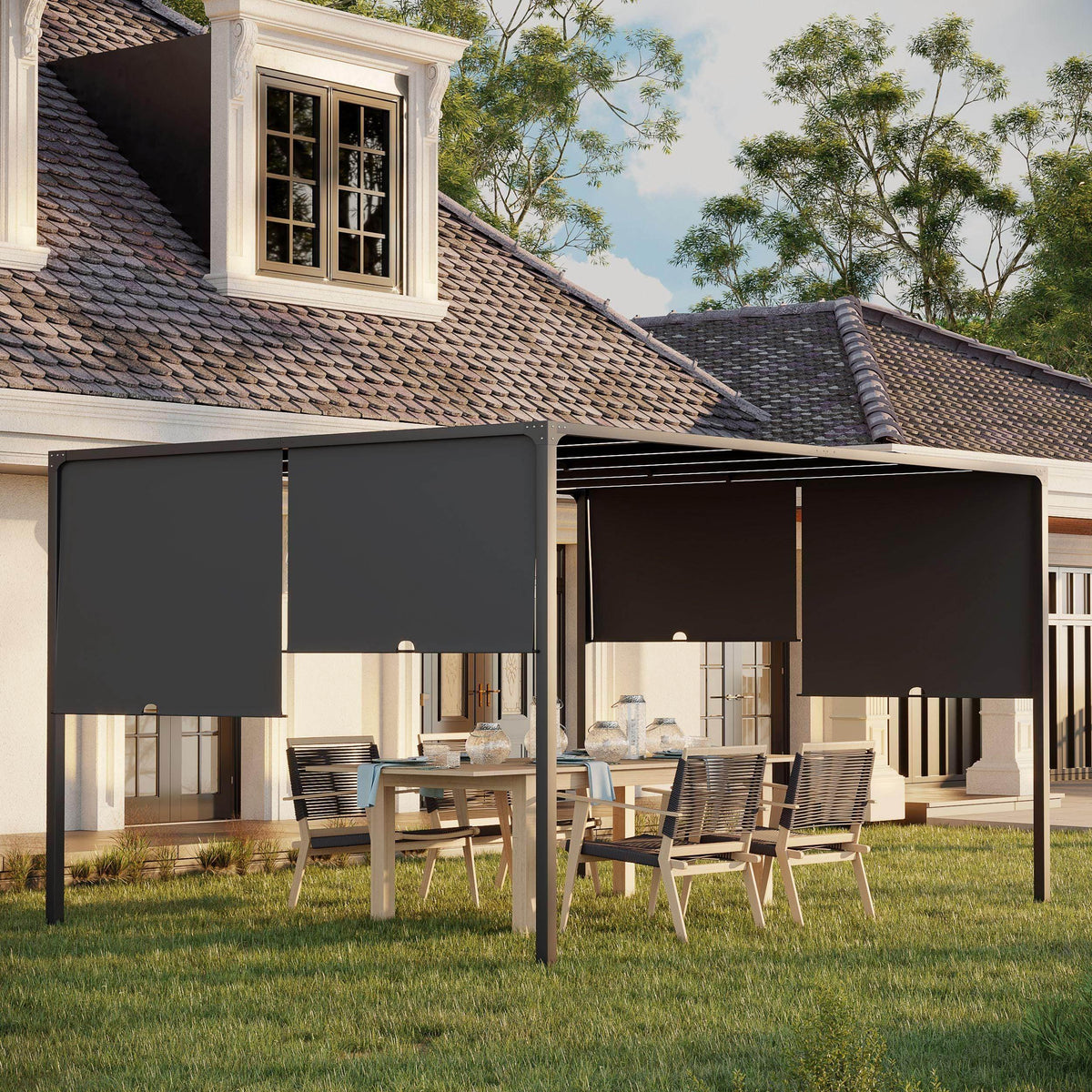 Grey outdoor garden pergola with retractable canopy over patio dining set
