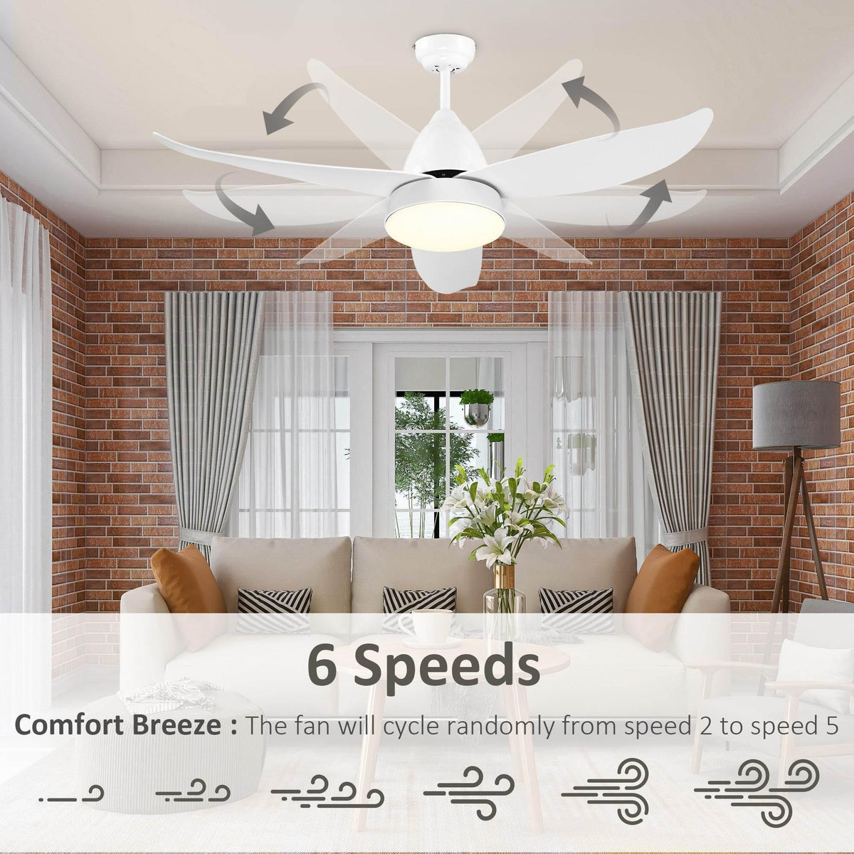 White LED ceiling fan with 6-speed settings and illustrated airflow directions