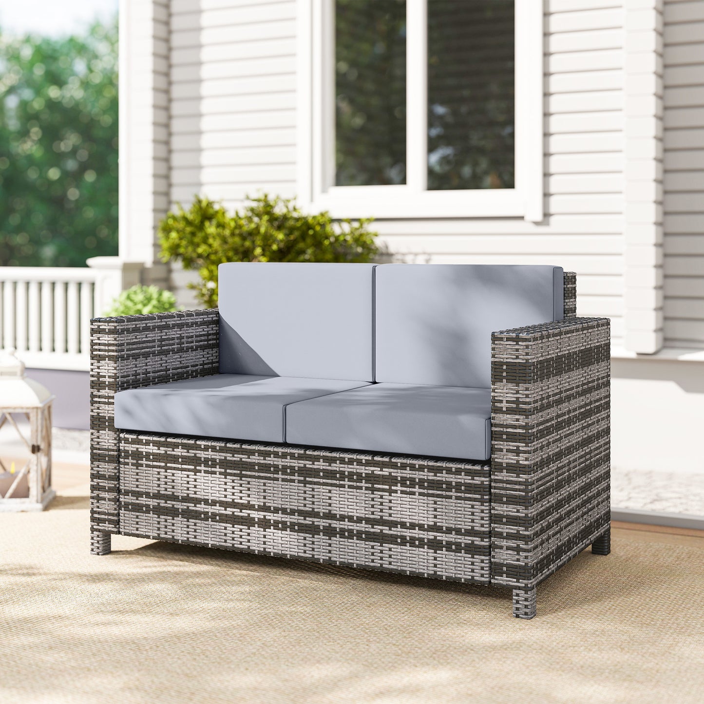 Outsunny Rattan Loveseat 2 Seater Garden Furniture With Cushions And Armrests Water Resistant Wicker Patio Grey Mix