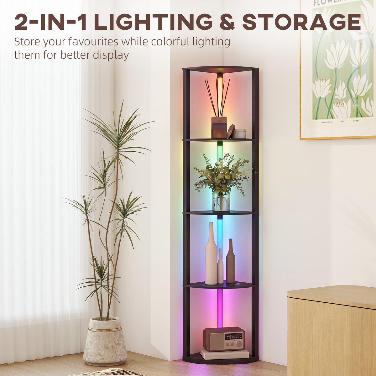 Tall floor lamp with four glass shelves for decor display and RGB lighting