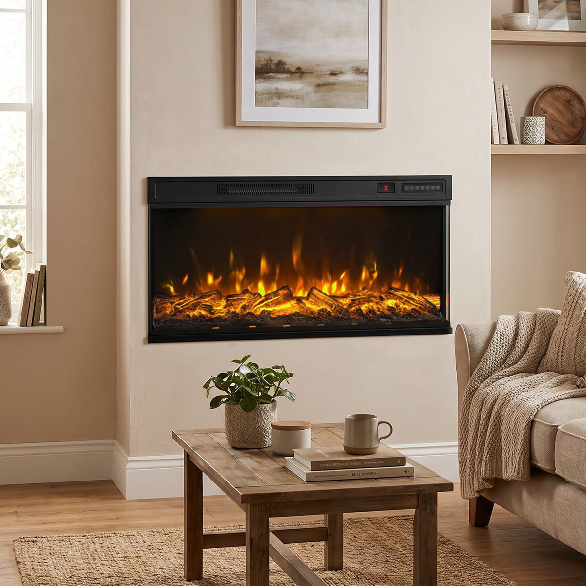 Electric fireplace wall heater with dark frame and orange flame effect mounted on wall