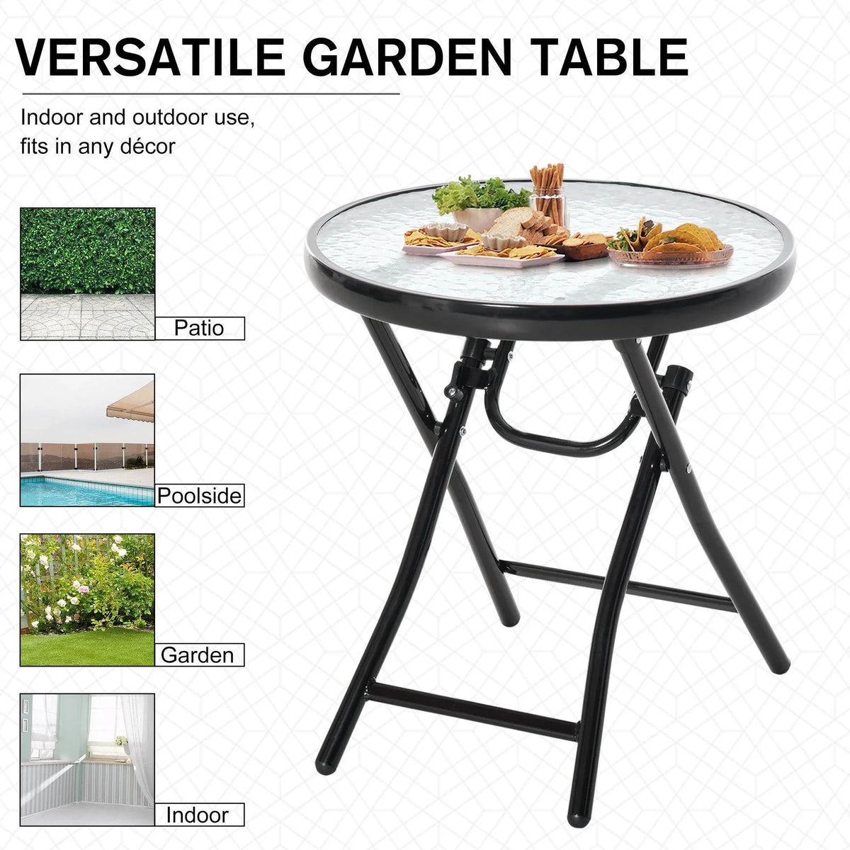 Black round folding garden table with clear glass top and folding support frame