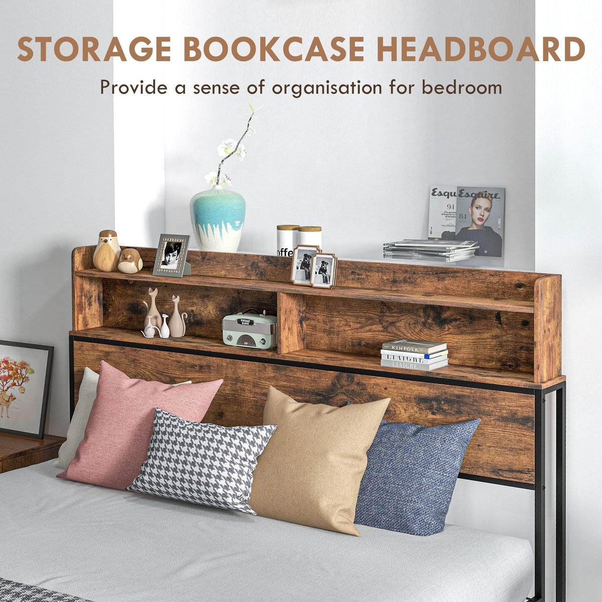 Rustic king bed frame with built-in headboard bookcase and multiple open storage shelves