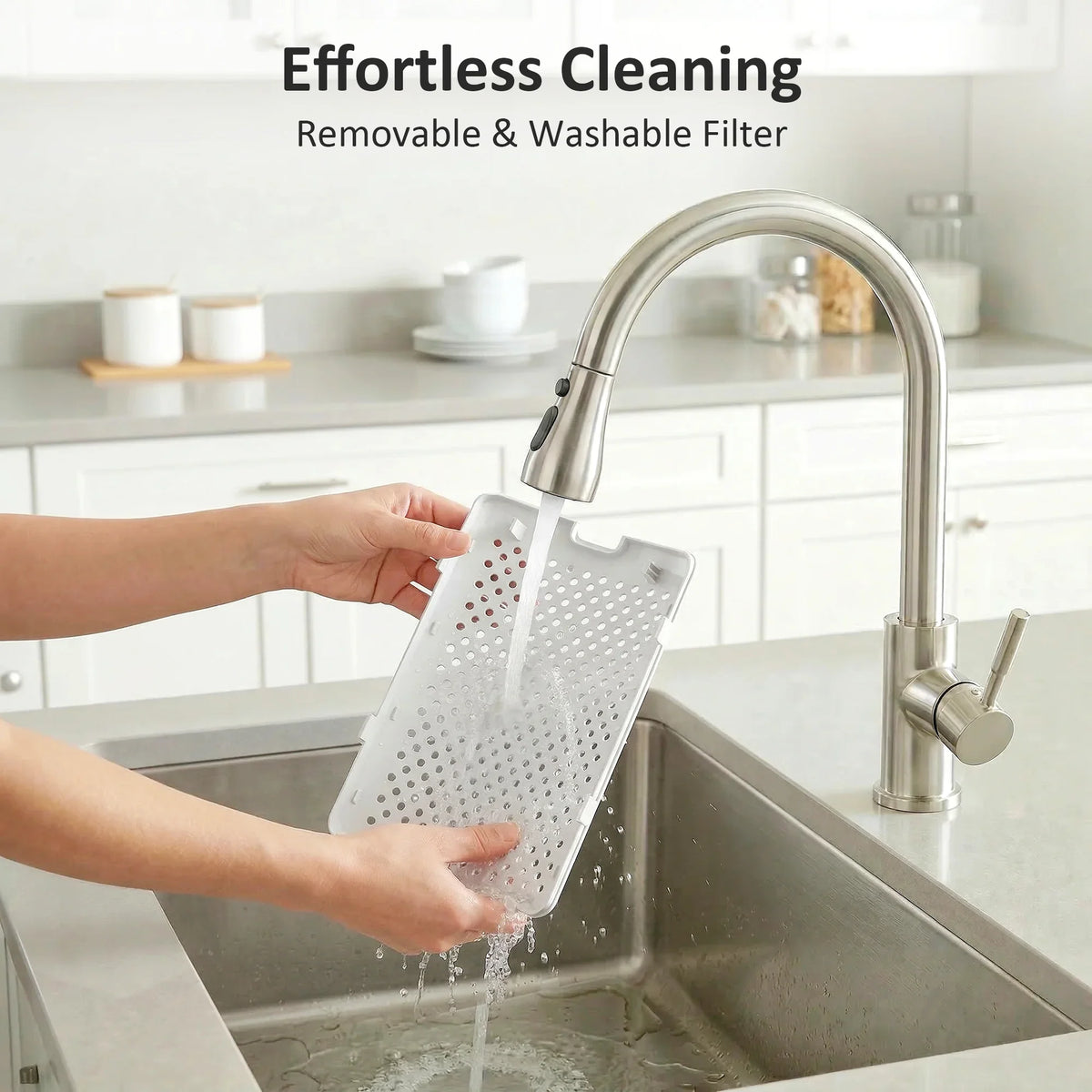 Removable washable filter rinsed under faucet for a white bladeless tower fan