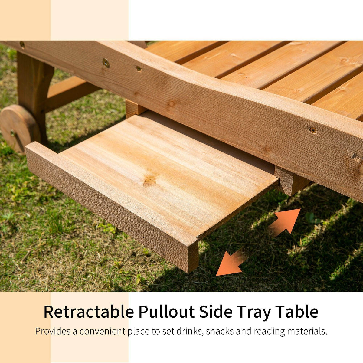 Retractable pull-out side tray attached to a wooden lounger chair