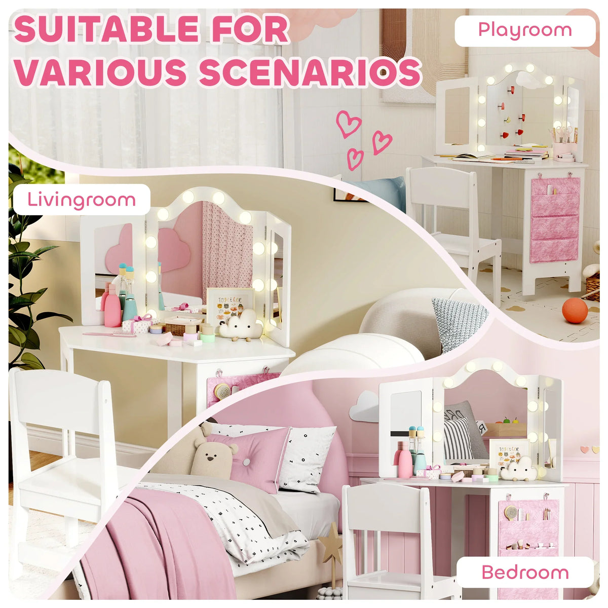 White kids vanity table set with tri-fold mirror and LED bulbs, stool beside it