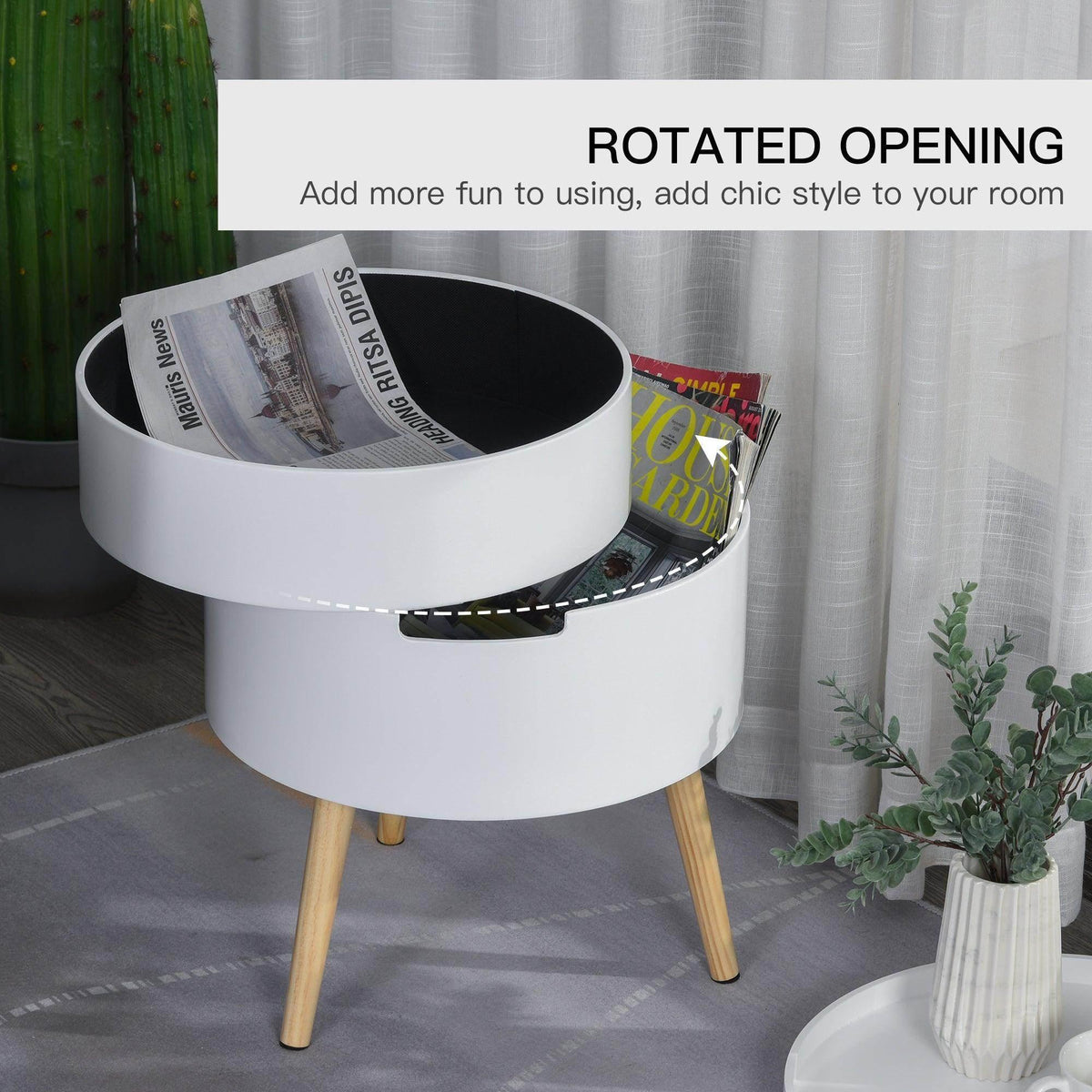 White round side table with rotatable opening holding magazines and small items