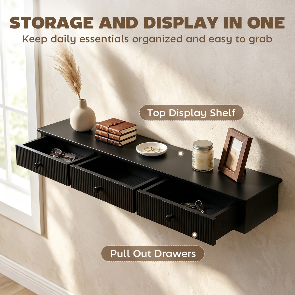 Black wall shelf with top display and pull-out drawers for organized storage