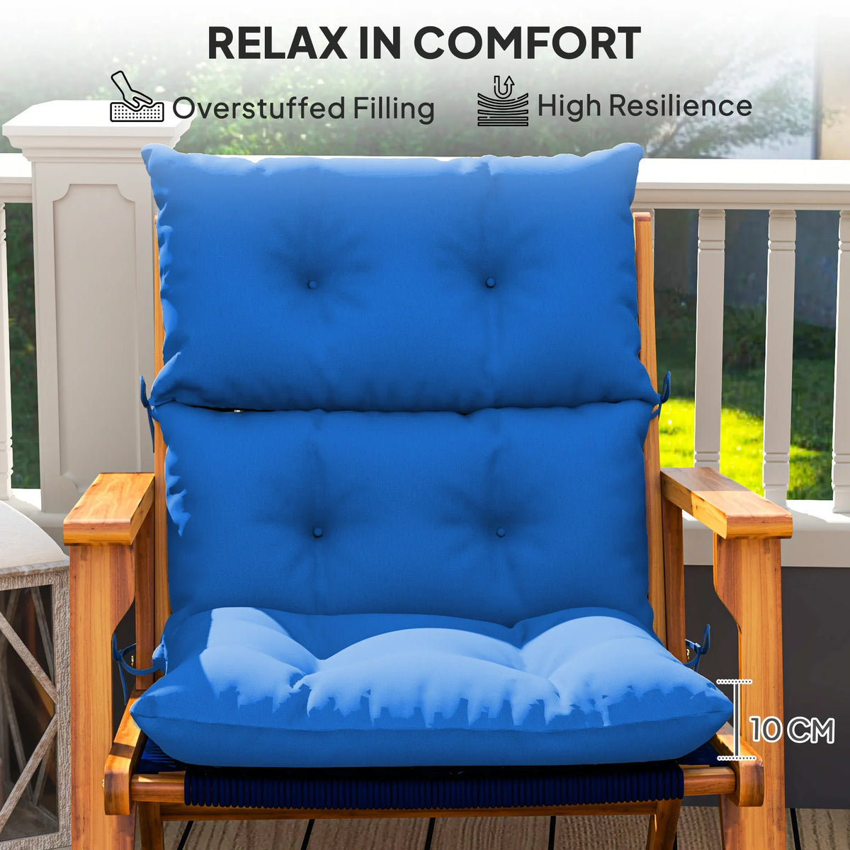 Blue padded seat and back cushion for rocking chair with tufted button panels