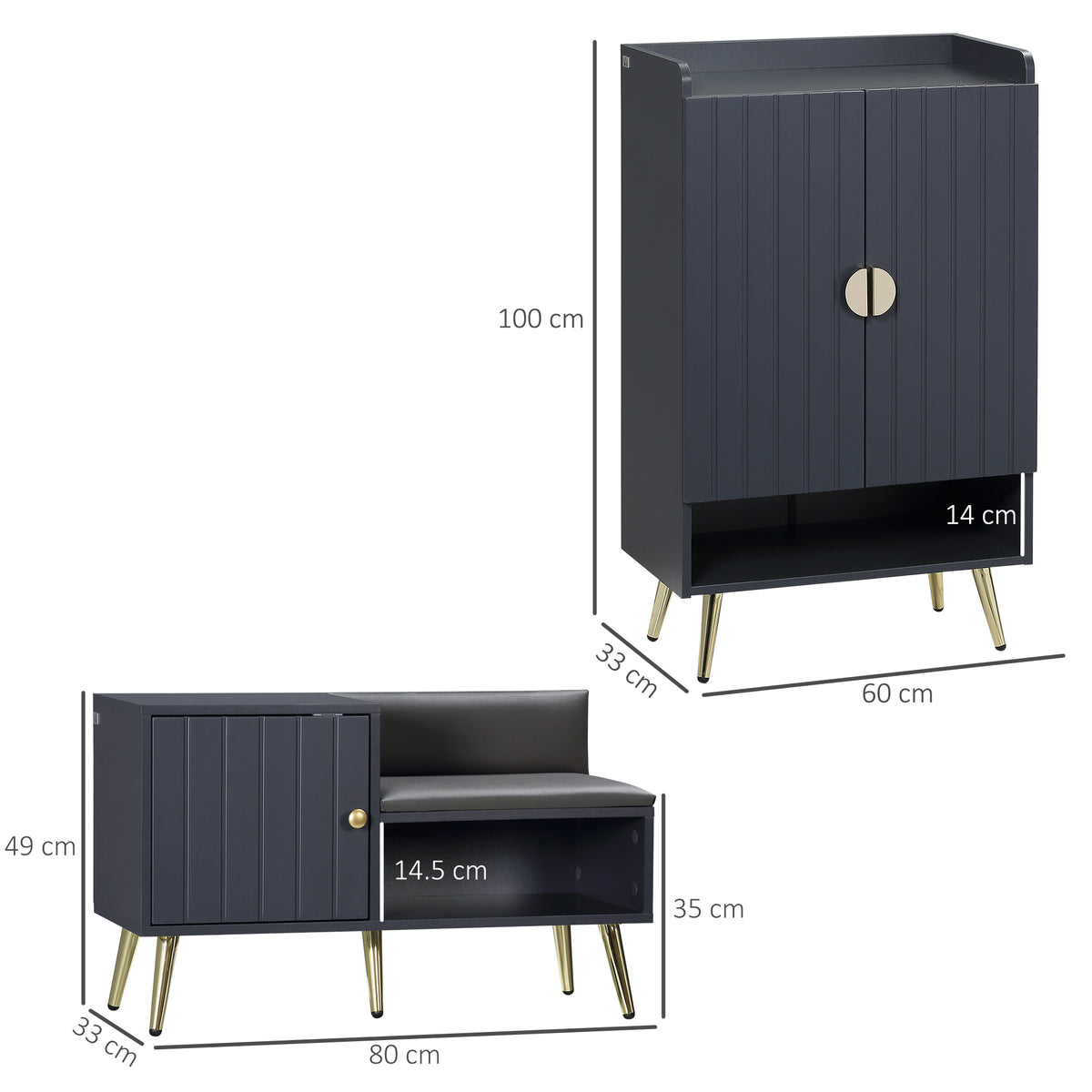 Grey shoe cabinet with lift-up seat and gold-tone legs, open storage inside.