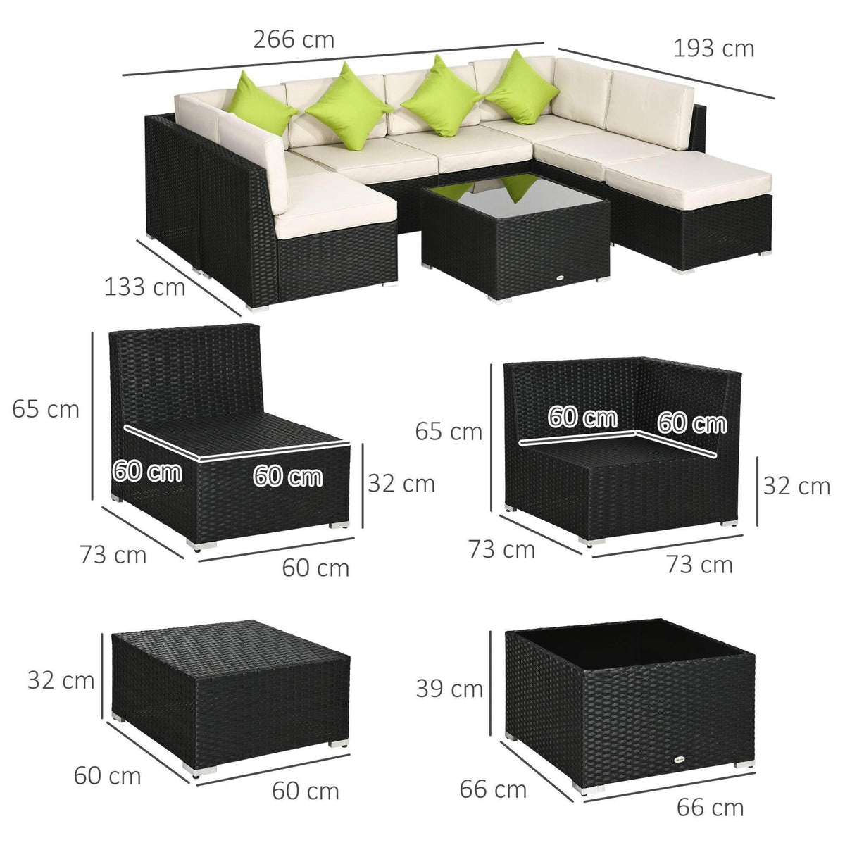 Black rattan sectional sofa set layout with cream cushions and matching corner pieces