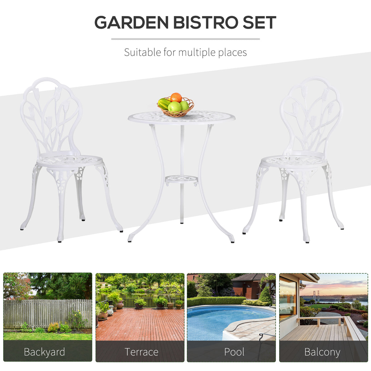 White garden bistro set with round pedestal table and 2 decorative lattice back chairs