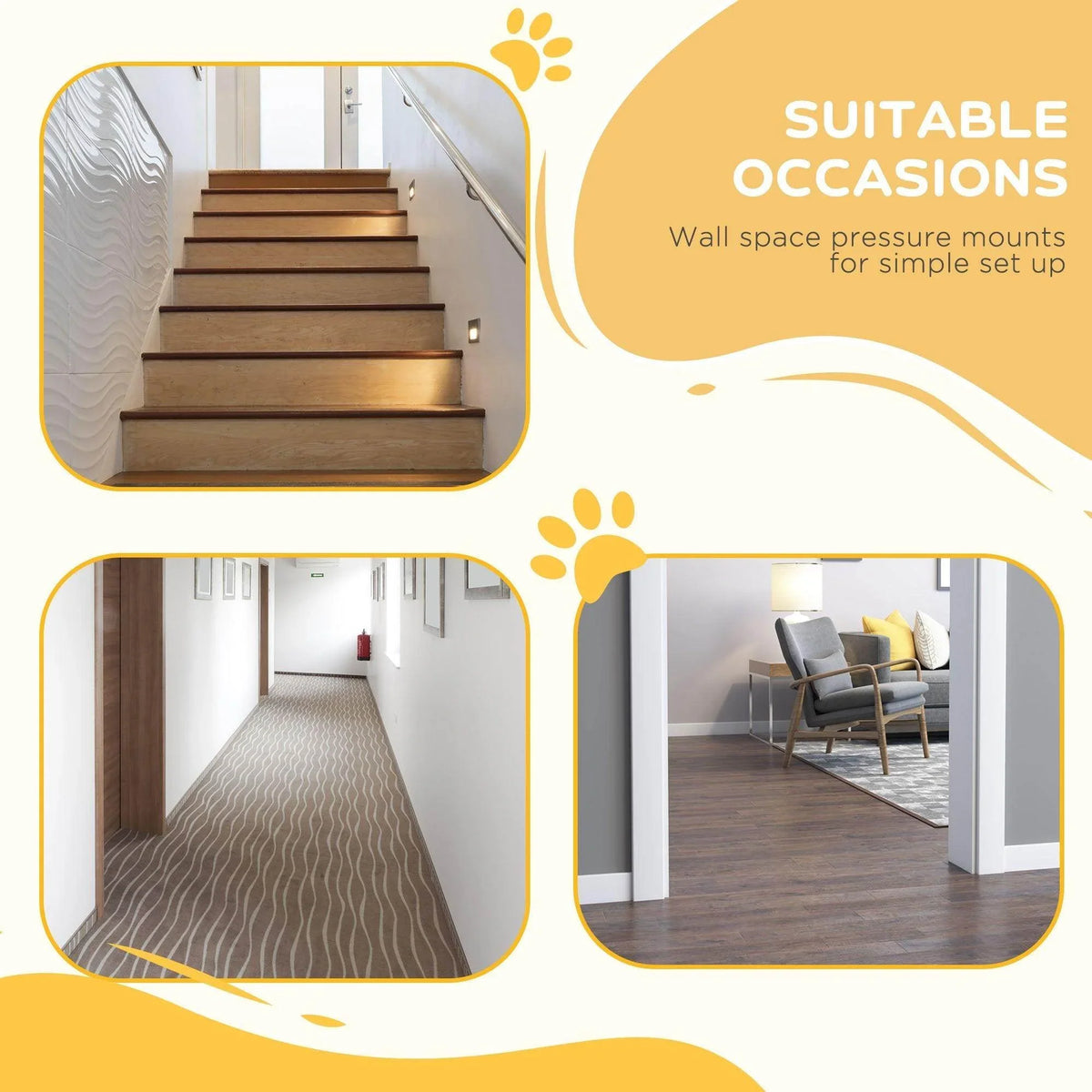 White pet gate installed at top of stairs and in a doorway