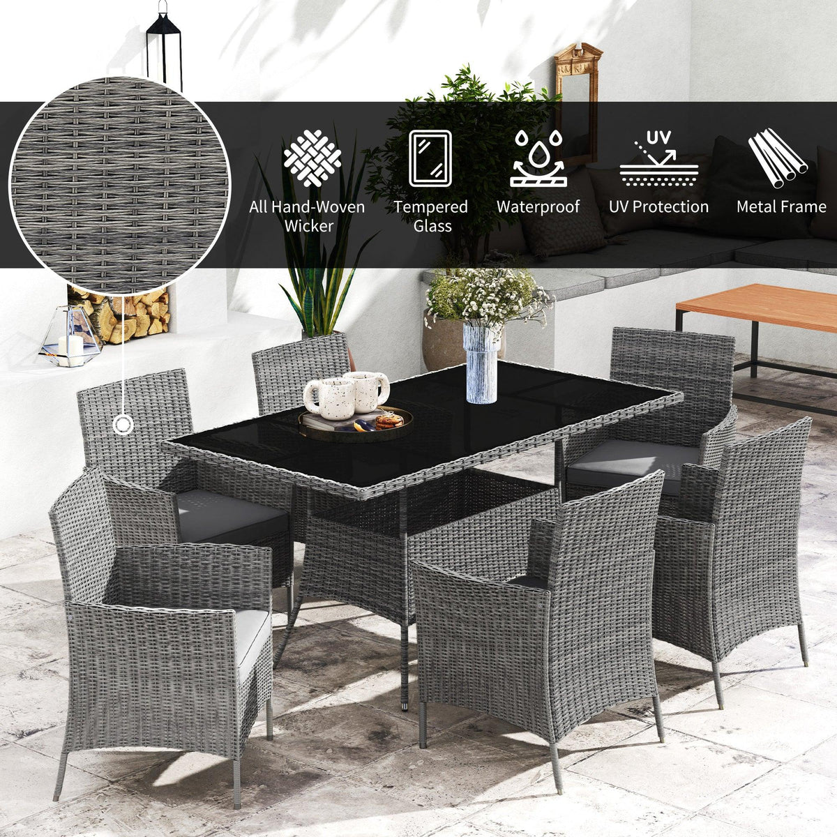 Outsunny charcoal grey rattan patio dining set with glass-top table and six armchairs