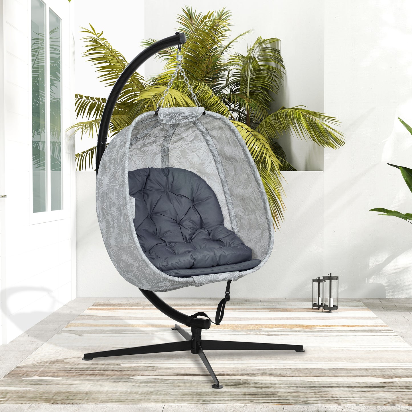 Outsunny Hanging Egg Chair With Stand Folding Basket Thickened Cushion Cup Holder For Patio Balcony Grey