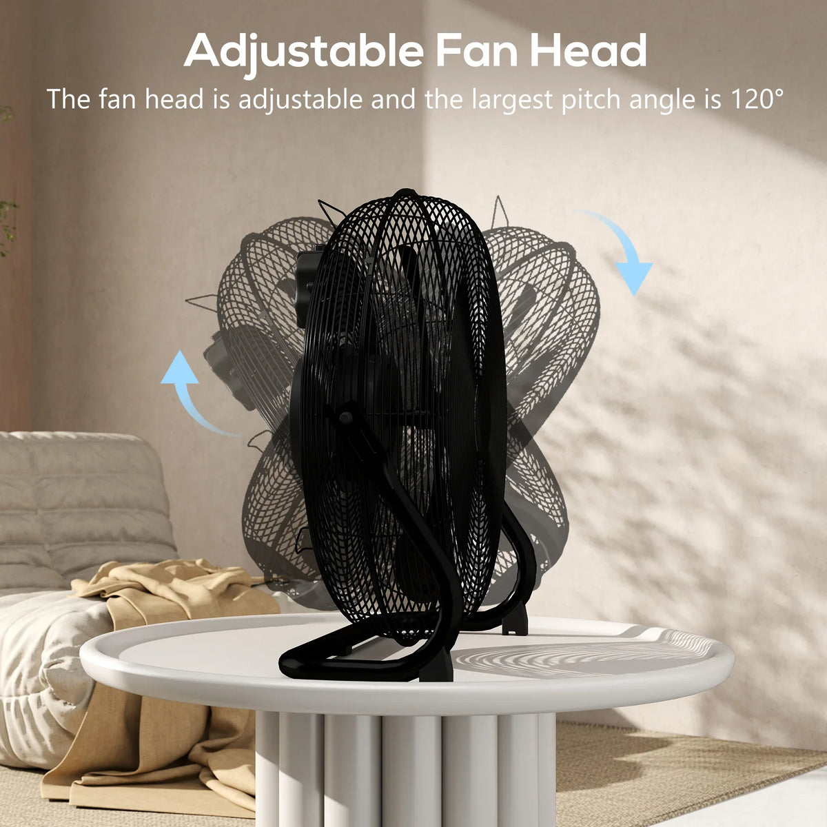 Black adjustable fan head on metal floor stand with circular wire grille