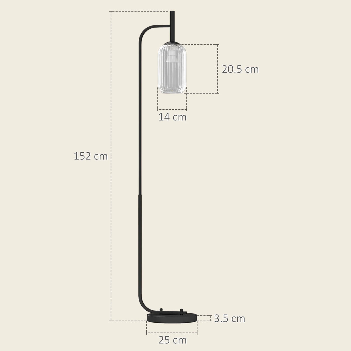 Black standing floor lamp diagram with clear glass shade, dimensions and foot switch