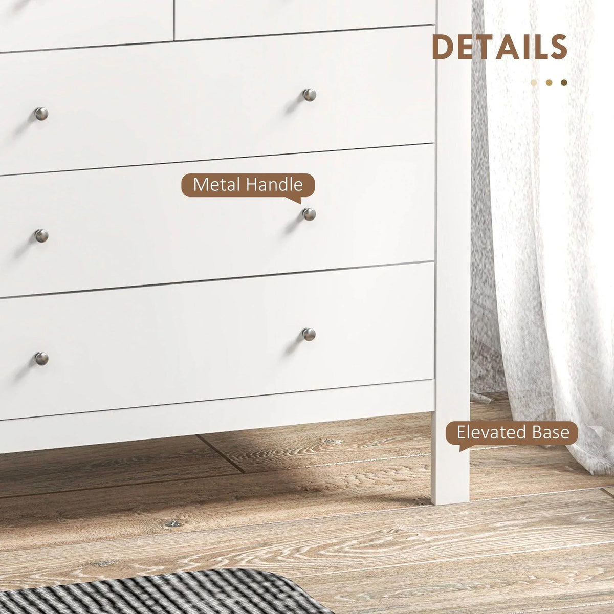 White dresser drawer fronts with silver metal handles and elevated base legs.