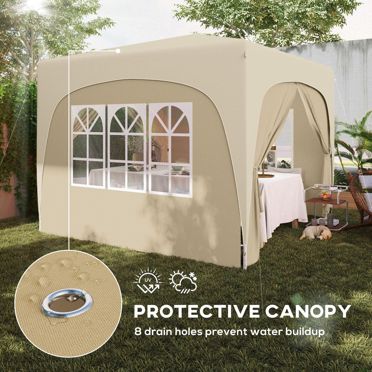 Sand pop-up gazebo shelter with protective canopy and arched window panel on side