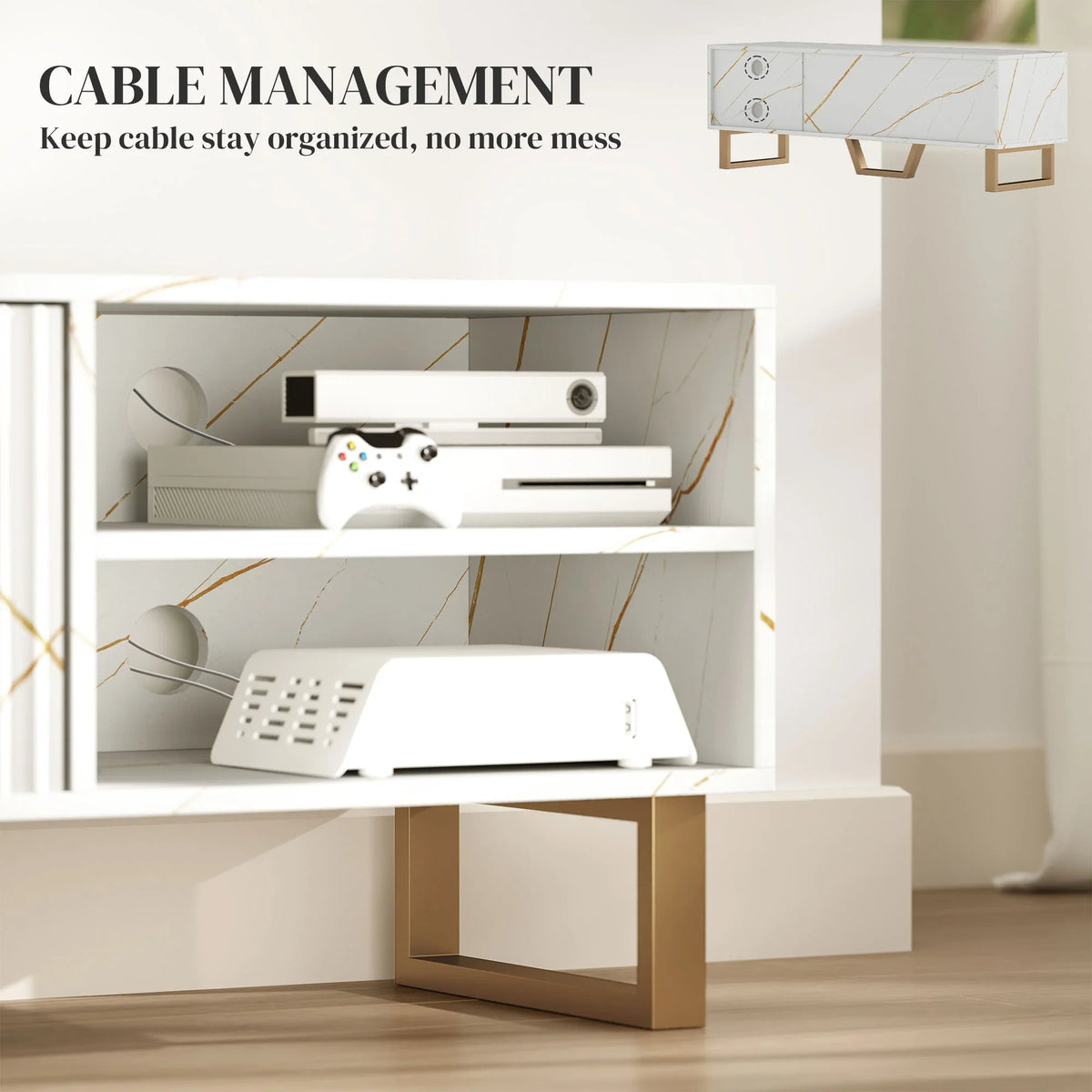 White TV console with open shelves and cable management cutouts