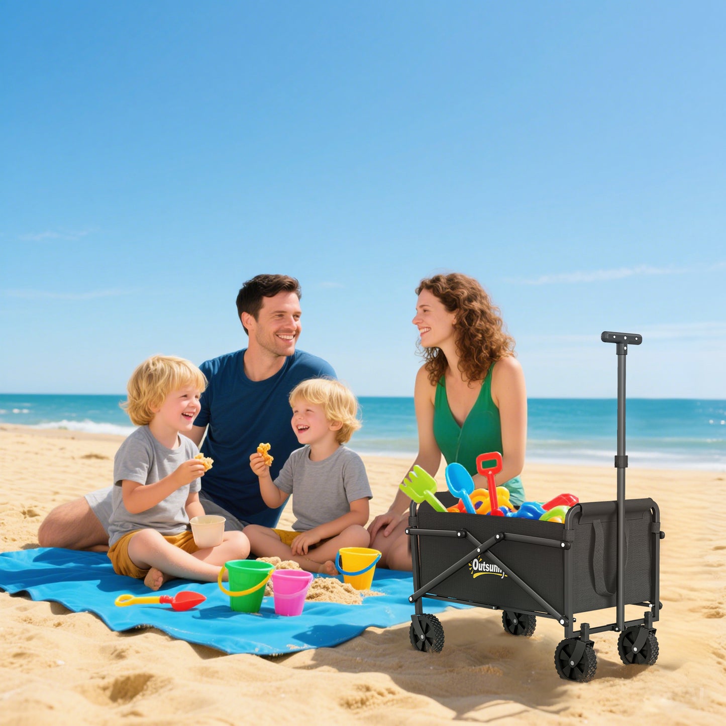 Outsunny 41L Trolley On Wheels Folding Wagon With 60kg Capacity Adjustable Handle Carrying Bag Beach Camping Black
